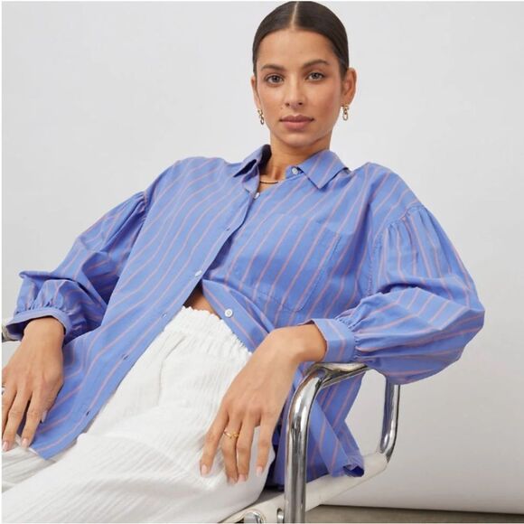 Rails Blue Button Down Puff Sleeve Janae in Lima Stripe Sz XS - Picture 2 of 16